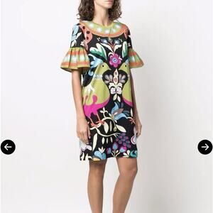 La Double J Walk The Dog Peacock Print Short Dress XS Pockets Made In Italy